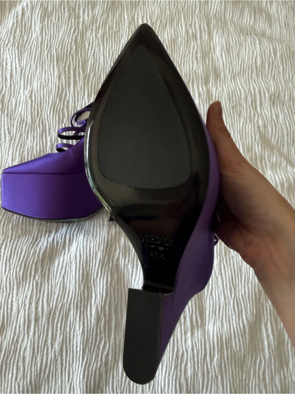 Versace Tempest Deep Purple Satin Platform Pumps - Picture 4 of 14